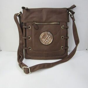 Unbranded Brown Leather Large Crossbody 3 Compartments Zipper Gold Accents